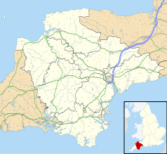 Mapa konturowa Devonu, na dole nieco na prawo znajduje się punkt z opisem „Dittisham”