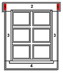 1. Fenster mit überstehenden oberen Ohren. – 1 Ohr, 2 Sturz, 3 Pfosten, 4 Fensterbank.