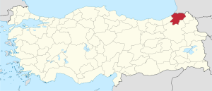 Artvin highlighted in red on a beige political map of Turkeym