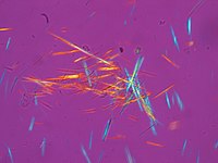 numerous multi-colored needle-shaped crystals against a purple background