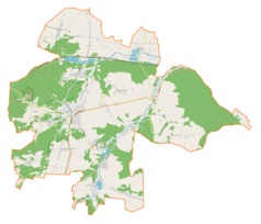 Mapa konturowa gminy Kroczyce, po lewej nieco u góry znajduje się punkt z opisem „Jaskinia Deszczowa”