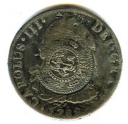 Moneda de Carlos III resellada en Birmania.