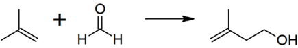 The reaction of isobutene with formaldehyde to give isoprenol, the first step in the industrial manufacture of prenol