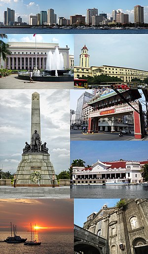 Dari atas, searah jarum jam: Panorama kota Manila, Balai Kota Manila, Pecinan Binondo, Istana Malacañang, Benteng Santiago, Teluk Manila, Monumen Rizal, Kantor Pos Pusat Manila