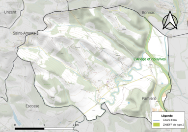 Carte de la ZNIEFF de type 2 sur la commune.