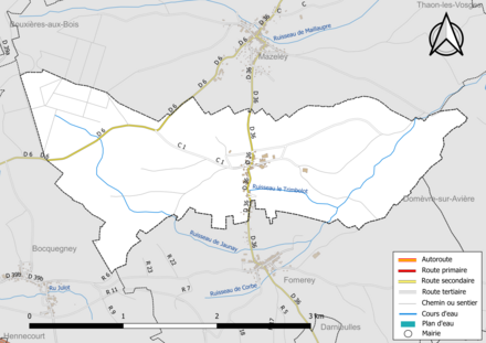 Carte en couleur présentant le réseau hydrographique de la commune