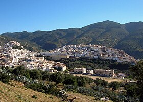 Vue de Moulay Idriss Zerhoun depuis le nord avec le Zerhoun en arrière-plan.