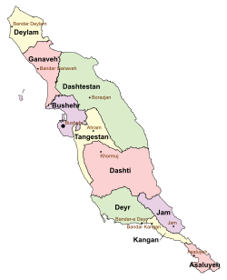 Location of Deylam County in Bushehr province (top, yellow)