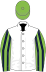 White, light green and dark blue striped sleeves, green cap