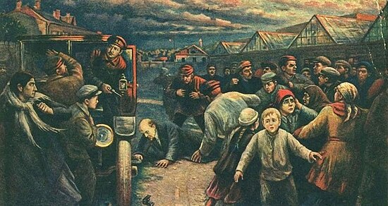 Artist Vladimir Pchelin's depiction of the 30 August 1918 assassination attempt on Vladimir Lenin by Fanya Kaplan.[g]