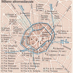 Mappa dello sviluppo urbano di Milano nell'Alto Medioevo