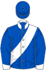 Royal blue, white sash, collar and cuffs