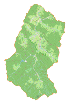 Mapa konturowa gminy Baligród, u góry nieco na prawo znajduje się punkt z opisem „Żernica Niżna”