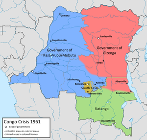 Control teritorial în Congo (1960-61). Katanga cu culoarea verde.