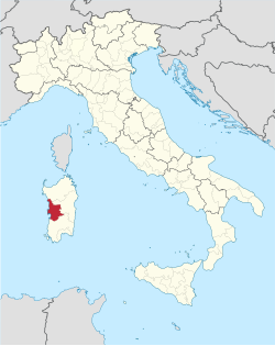 Map highlighting the location of the province of Oristano in Italy