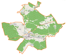 Mapa konturowa gminy Ozimek, blisko centrum na dole znajduje się punkt z opisem „Most wiszący w Ozimku”