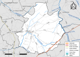 Carte en couleur présentant le réseau hydrographique de la commune