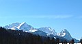 Blick von Nordosten auf Hochblassen, Alpspitze, Zugspitze und Waxenstein