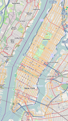 Mapa konturowa Manhattanu, w centrum znajduje się punkt z opisem „Comcast Building”