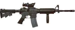 Ing metung a M4A1 kambe ning SOPMOD kumpul, kayabe ne ing Rail Interface System (RIS) ampong Trijicon ACOG 4x.