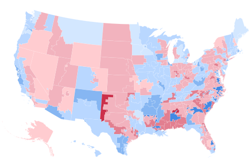 Results by congressional district, shaded according to winning candidate's percentage of the vote