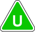 Green triangle with white U in the centre