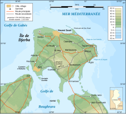 Kort over Djerba, med Ajim mod sydvest