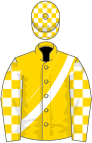 Gold, gold and white sash, gold and white checked sleeves and cap