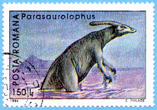 Timbre roumain de 1994 montrant un Parasaurolophus en train de se baigner.