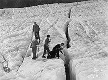 Party inspecting a crevasse on the Fox Glacier (3307743585).jpg