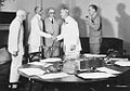 Members of the 1946 Cabinet Mission to India meeting Muhammad Ali Jinnah. Far left is Lord Pethick Lawrence; far right is Sir Stafford Cripps.