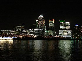 The Canary Wharf skyscrapers in the Isle Of Dogs viewed from Greenwich.