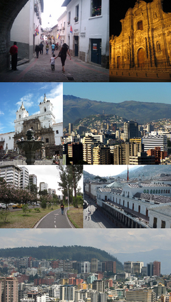 Clockwise from top: Calle La Ronda, Iglesia de la Compañía de Jesús, El Panecillo as seen from Northern Quito, Carondelet Palace, Central-Northern Quito, Parque La Carolina and Iglesia y Monasterio de San Francisco