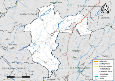 Carte en couleur présentant le réseau hydrographique de la commune