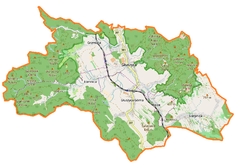 Mapa konturowa gminy Głuszyca, blisko centrum u góry znajduje się punkt z opisem „Głuszyca”