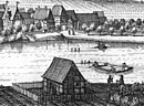 Merian-Stich der Grohnder Fähre mit einer gestakten Wagenfähre und einem Fährboot, im Wasser die Pfahljoche der ehemaligen Brücke, 1654