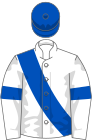 White, royal blue sash, armlets and cap