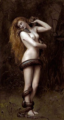 A nude woman handles a snake that curls around her waist and leg.