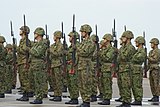 Japanese Ground Self Defense Force infantrymen with their Howa Type 64 with bayonet fixed.