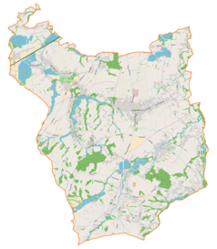 Mapa konturowa gminy Wilamowice, blisko centrum na lewo u góry znajduje się punkt z opisem „Parafia Świętego Wojciecha”