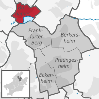 Carte situant le quartier (en rouge) au sein l'arrondissement (en gris foncé) et du reste de la ville (en gris clair)