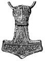 Drawing of a 4.6 cm gold-plated silver Mjöllnir pendant found at Bredsätra on Öland, Sweden