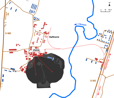 Schématisation des installations de la mine des Télots, des terrils et cités minière.