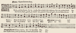 Bladmuziek van het lied Merck toch hoe sterck, in: Adriaen Valerius, Nederlandtsche gedenck-clanck (Haarlem, 1626)