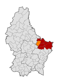 Map of Luxembourg with Waldbillig highlighted in orange, and the canton in dark red