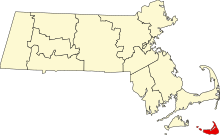 Mapa esquemáticu de Massachusetts, resaltando Nantucket, al sur del estáu.