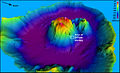 Perspective view of central cone within caldera. Colors indicate depth.