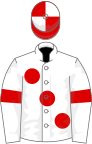 White, large red spots and armlets, red and white quartered cap