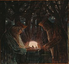 A 1909 illustration of kings in a dark forest