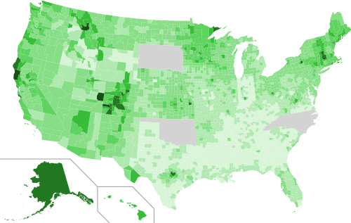 Vote share by county for Green Party candidate Ralph Nader. Darker shades indicate a stronger Green performance.